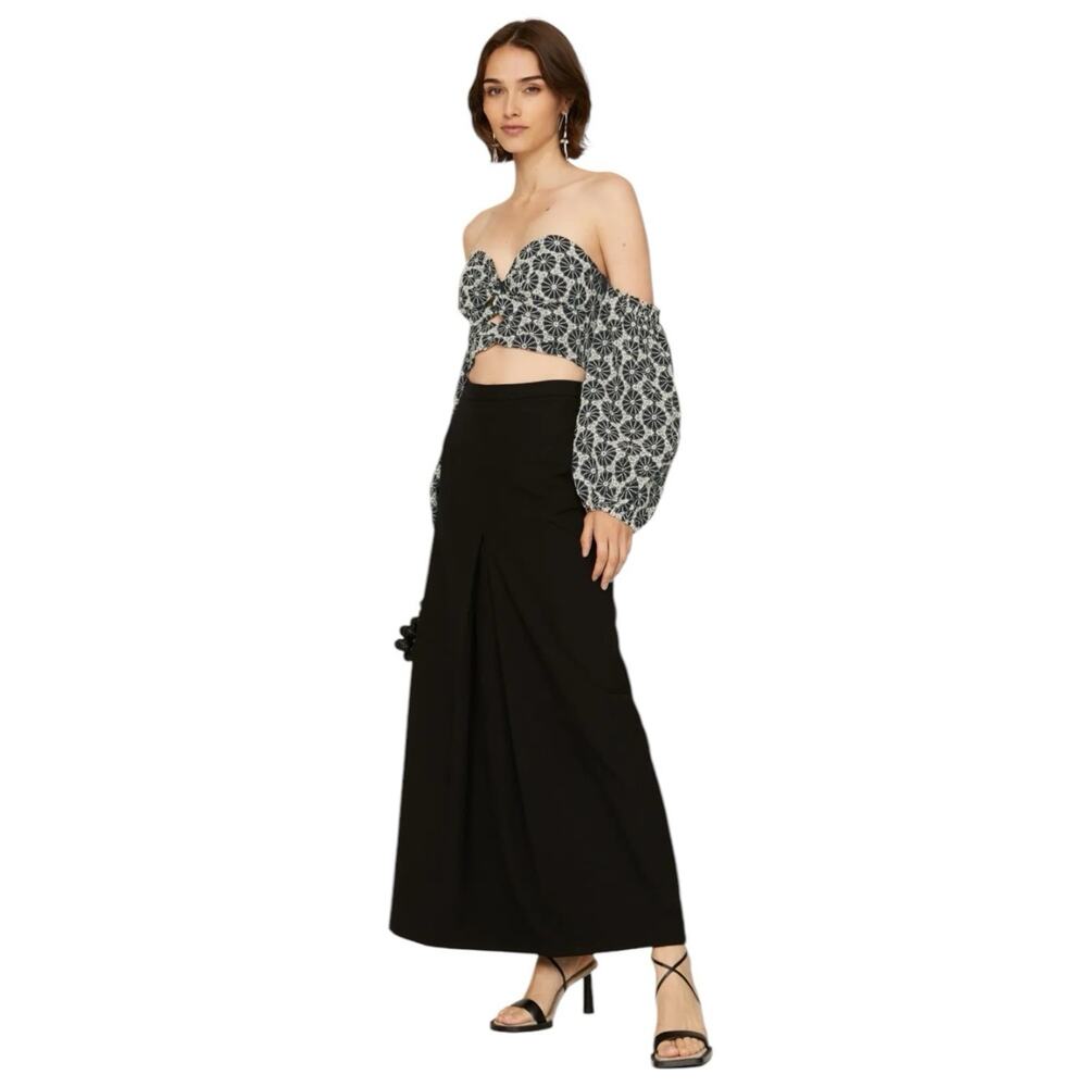 BARDOT Women's Floral Eyelet Lace Crop Top Puff Long Sleeve Navy White 10 Boho